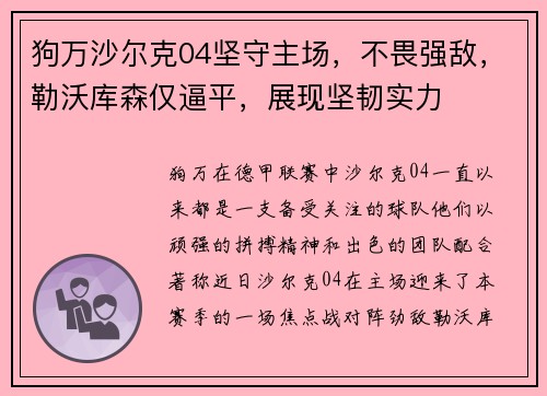 狗万沙尔克04坚守主场，不畏强敌，勒沃库森仅逼平，展现坚韧实力