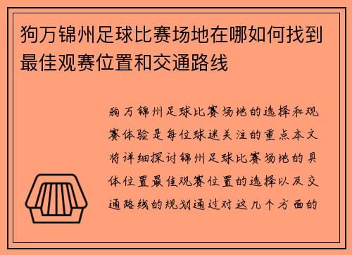 狗万锦州足球比赛场地在哪如何找到最佳观赛位置和交通路线
