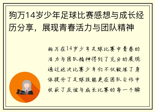 狗万14岁少年足球比赛感想与成长经历分享，展现青春活力与团队精神