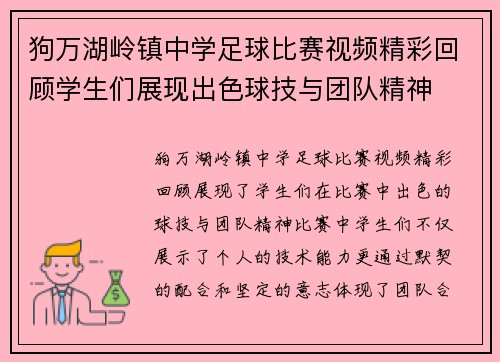 狗万湖岭镇中学足球比赛视频精彩回顾学生们展现出色球技与团队精神