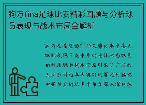 狗万fina足球比赛精彩回顾与分析球员表现与战术布局全解析