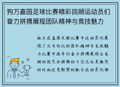 狗万嘉园足球比赛精彩回顾运动员们奋力拼搏展现团队精神与竞技魅力