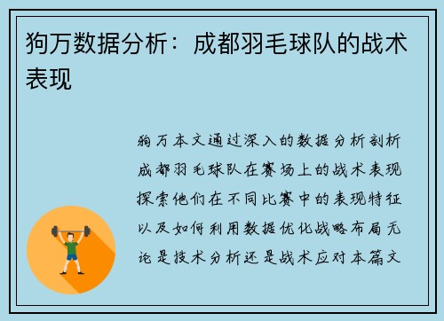 狗万数据分析：成都羽毛球队的战术表现