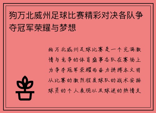 狗万北威州足球比赛精彩对决各队争夺冠军荣耀与梦想