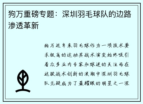 狗万重磅专题：深圳羽毛球队的边路渗透革新