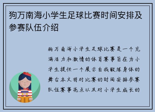 狗万南海小学生足球比赛时间安排及参赛队伍介绍