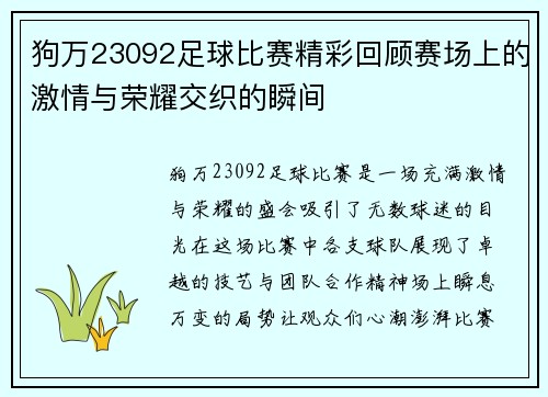 狗万23092足球比赛精彩回顾赛场上的激情与荣耀交织的瞬间